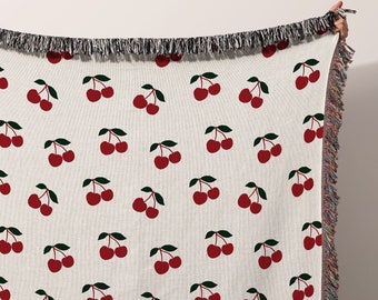 Woven Throw Blanket Cozy Cherry Stems | Cottagecore Blanket Cute Berries | Cotton Throw Blanket | Birthday Valentine Housewarming Gift
