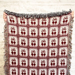 Granny Square Cherry Bows Blanket Cotton Woven Throw Blanket | Cottagecore Room Decor Idea Gift Coquette Aesthetic Wall Art Tapestry Berries