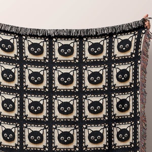 Black Cat Throw Blanket, Granny Square Blanket Wall Art Tapestry, Fall Halloween Blanket, New Home Gift, Gift for Cat Lover, Cotton blanket