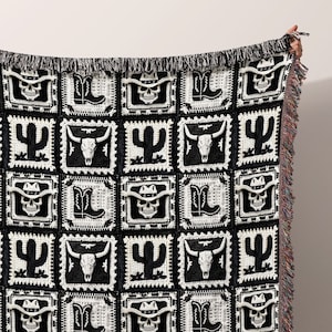 Woven Throw Blanket Western Gothic Patchwork Tapestry Wall Art, Country Western Cowboy Aesthetic | Black and White Decor | Cowboy Boot Hat