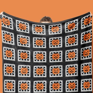 Pumpkin Throw Blanket | FAUX Crochet Look Granny Square Soft Velveteen | Cute Halloween Decor for Spooky Season |