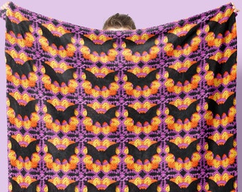Cute Bat Throw Blanket | FAUX Crochet Look Granny Square Soft Velveteen | Colorful Halloween Decor for Spooky Season