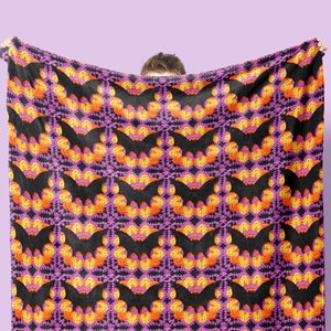 Cute Bat Throw Blanket | FAUX Crochet Look Granny Square Soft Velveteen | Colorful Halloween Decor for Spooky Season