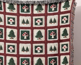 Christmas Cotton Woven Blanket, Scandi Folk Art, Mushroom Tree Design