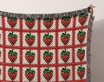 Granny Square Strawberry Blanket Cotton Woven Throw Blanket | Cottagecore Room Decor Idea Gift Coquette Aesthetic Wall Art Tapestry Berries