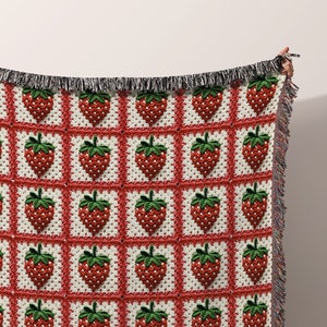 Granny Square Strawberry Blanket Cotton Woven Throw Blanket | Cottagecore Room Decor Idea Gift Coquette Aesthetic Wall Art Tapestry Berries