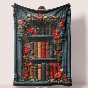 Reading Nook Decor Throw Blanket Bookshelf Minky Blanket Literary Girl Gift Dark Academia Aesthetic Faux Embroidered Floral Books Gift Her