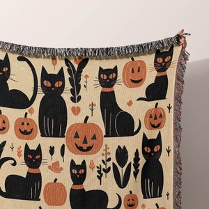 Retro Halloween Blanket Woven Cat Pumpkin Cotton Throw Blanket  Vintage Halloween Decor Midcentury Modern Blanket Orange Black Cat Blanket