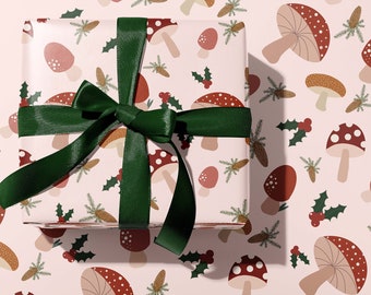 Mushroom Christmas Wrapping Paper Roll, Toadstool Woodland Holiday Gift Wrap, Merry Pinkmas Pink, Green, Red Modern Xmas Aesthetic