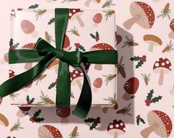 Rouleau de papier cadeau de Noël rose champignon | Cadeau des Fêtes Woodland Toadstool | Esthétique de Noël moderne rose, vert, rouge