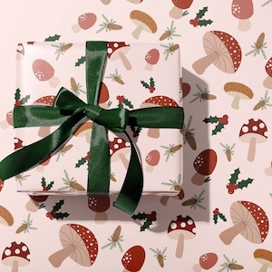 Mushroom Pink Christmas Wrapping Paper Roll | Toadstool Woodland Holiday Gift Wrap | Pink, Green, Red Modern Xmas Aesthetic