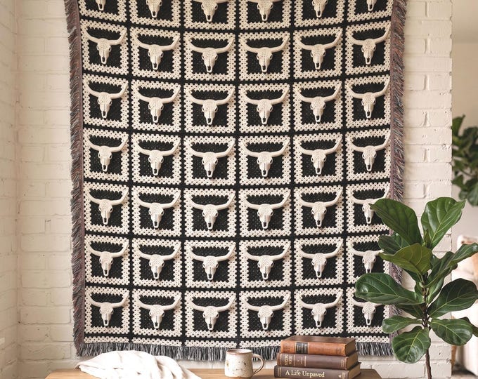 Granny Square Throw Blanket Western Bull Skull | Faux Crochet Gothic Decor | Western Gothic Home Decor | Western Cowboy Tapestry | Wall Art