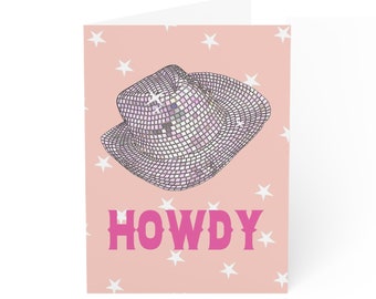 Disco Cowgirl Greeting Card Notecards | Modern Party Invitation, Bachelorette | Howdy Hot Pink Country Western Cowboy A2 size 4.25 x 5.5 in.