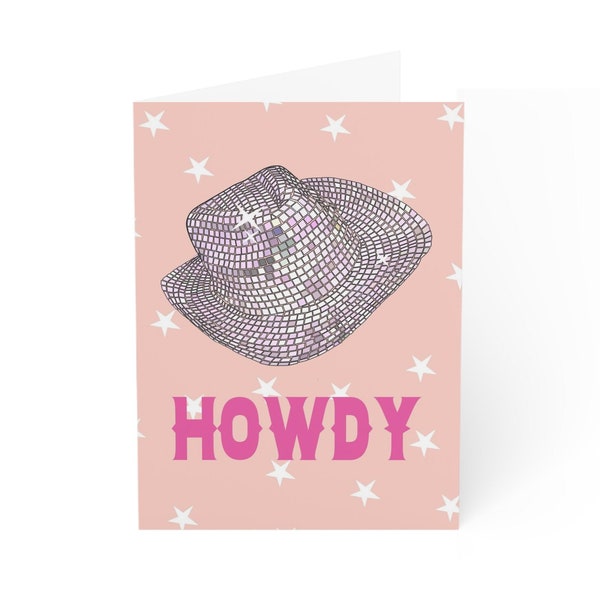 Disco Cowgirl Greeting Card Notecards | Modern Party Invitation, Bachelorette | Howdy Hot Pink Country Western Cowboy A2 size 4.25 x 5.5 in.