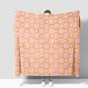 PLUSH THROW BLANKET Retro Checkered Daisy | Groovy Flower Cute Pattern | Pink and Orange | Kids Bedroom, College Student Dorm, Bedding