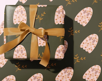 Fall Floral Ghost Wrapping Paper Sheets, Autumn Aesthetic Cottagecore Gift Wrap, Cute  Ghost Halloween Fall Boho Colors Gift Wrap