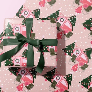 Retro Camper Christmas Holiday Wrapping Paper | Thick Quality Rolled Sheets | Groovy 70s Xmas Aesthetic, Cute Unique Gift Wrap, Pink Green