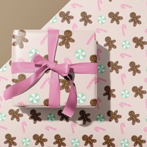 Christmas Gingerbread Gift Wrapping Paper | Gingerbread Girl Candy Cane Pink Aesthetic | Unique Luxury Wrapping Paper | Pastel Christmas