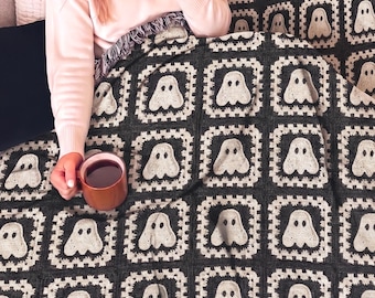 Manta tejida con diseño de abuela fantasma, decoración de otoño y Halloween, regalo para amantes de los fantasmas, ropa de cama de otoño.