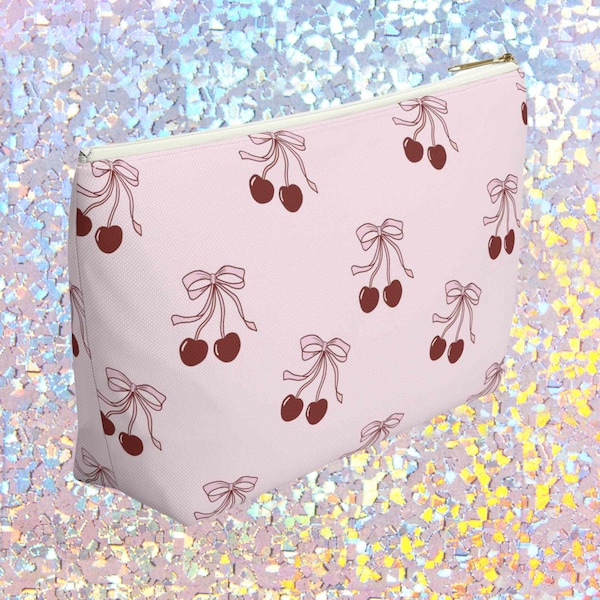 Red Cherry Pink Bow Coquette Makeup Travel Bag | Coquette Aesthetic Gift | Flat Bottom Travel Cosmetic Purse | Zippered Makeup Pouch