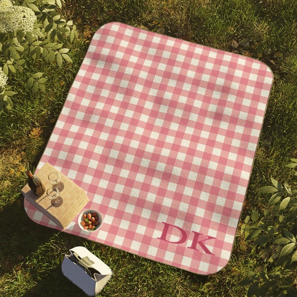 Personalized Pink Gingham Picnic Blanket Custom Monogramed Picnic Blanket | Cottagecore Gift for Moms, Girlfriend, Sister, Aunt | Girly