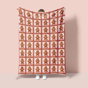 Christmas Blanket Gingerbread Granny Square | Soft Minky Throw Christmas Blanket | Retro Cottagecore Holiday Blanket | Brown Pink