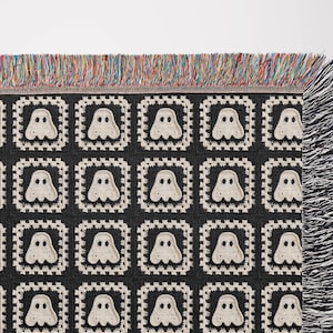 GHOST Granny Square Woven Throw Blanket Halloween Blanket Decor | Made in USA | Cozy Halloween Fall Autumn Dorm College Student Teen SPOOKY