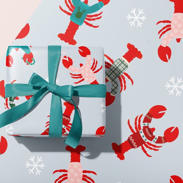 Lobster Christmas Sweaters Wrapping Paper Sheets | Thick Luxury Gift Wrap | Winter Xmas Aesthetic | Red, Green, Blue Teal, White | Unique