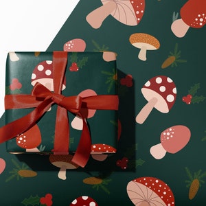 Mushroom Christmas Wrapping Paper, High Quality Rolled Sheets Toadstool Woodland Holiday Gift Wrap, Green Red Modern Xmas Aesthetic