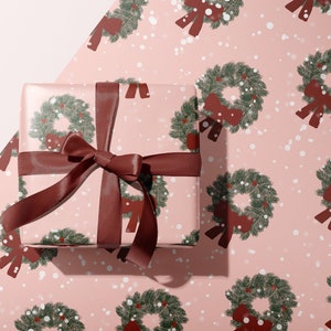Christmas Wreath Holiday Wrapping Paper | Luxury Gift Wrap | Cute Evergreen Pink and Green Xmas Wrapping Paper | Traditional wrapping paper