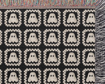 GHOST Granny Square Woven Throw Blanket | Faux Crochet Decor | Made in USA | Cozy Halloween Fall Autumn | Dorm College Student Teen | SPOOKY