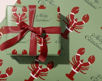 Santa Claws Lobster Christmas Wrapping Paper Sheets | Thick Matte Luxury Gift Wrap | Xmas Aesthetic Red and Green Santa Holiday Theme