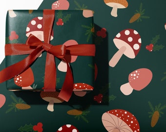 Mushroom Christmas Wrapping Paper, High Quality Rolled Sheets Toadstool Woodland Holiday Gift Wrap, Green Red Modern Xmas Aesthetic