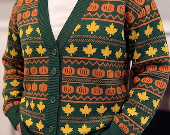 Cárdigan de punto con estampado de calabazas otoñales, unisex, verde, con estampado Fair Isle y hojas de arce, estilo cottagecore otoñal con botones.