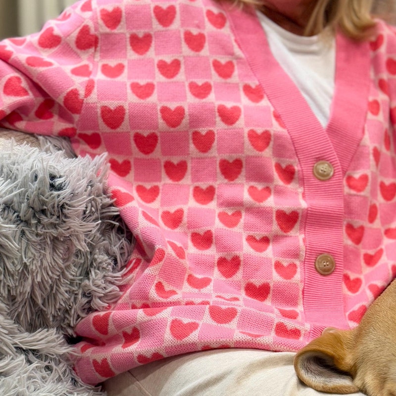 Pink Checkerboard Heart Puff Sleeve Sweater main image 1