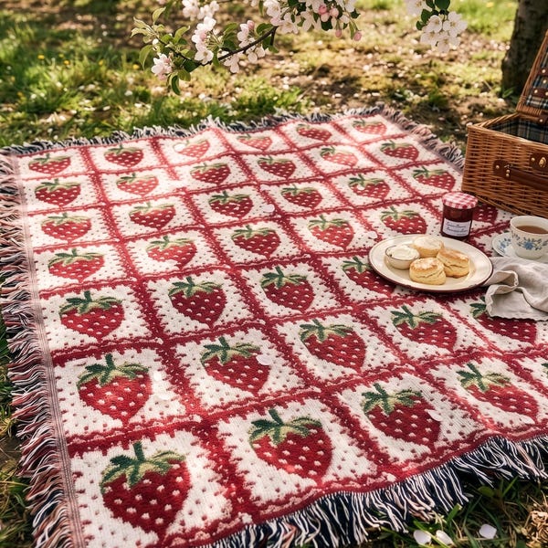 Strawberry Blanket Cotton Woven Throw Blanket, Granny Square Cottagecore Room Decor, Gift for Mom Coquette Aesthetic Wall Art Tapestry