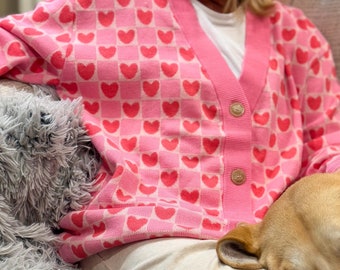 PINK KNIT CARDIGAN Sweater Checkerboard Hearts Pink Button Up Cardi Knitwear, Valentine Day Sweater, Cute Pink Cozy Kawaii