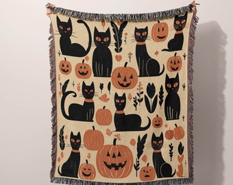 Retro Halloween Throw Blanket | Woven Cat Pumpkin Throw Blanket | Vintage Halloween Decor | Midcentury Modern Blanket