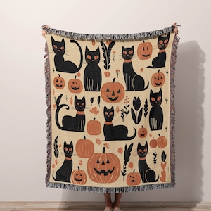 Retro Halloween Throw Blanket | Woven Cat Pumpkin Throw Blanket | Vintage Halloween Decor | Midcentury Modern Blanket