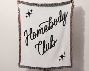 Woven Throw Blanket Homebody Club | Retro Aesthetic Funny Quote Gift | Minimalist Living Room Couch Blanket | Trendy Bedroom Vibe