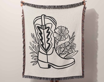 Cowboy Boot Floral Woven Throw Blanket - Western Style Home Decor