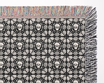 Granny Square Skull Woven Throw Blanket | Faux Crochet Gothic Decor | Made in USA | Cozy Halloween Fall Autumn | Dorm College Student Teen