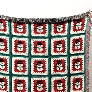Cozy Winter Throw Blanket, Granny Square Snowman Cotton Blanket Sentimental Christmas Holiday Gift Traditional Holiday Aesthetic Red Teal