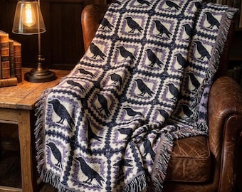 Crow Tapestry Blanket, Witchy Raven Cottagecore Woven Tapestry Halloween Home Decor, Woven Gothic Aesthetic Crowcore Bedroom