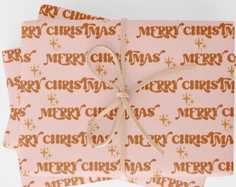 Boho Merry Christmas Sparkles Holiday Wrapping Paper | Thick Quality Rolled Sheets | Boho Xmas Aesthetic |  Cute Unique Gift Wrap | Pink