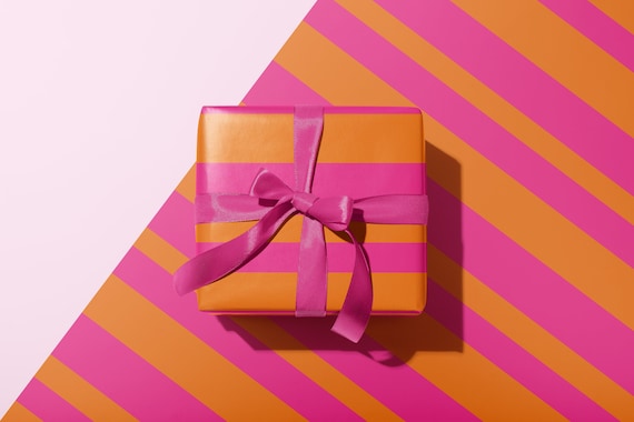 Hot Pink and Orange Stripe Wrapping Paper, Luxury Gift Wrap, Color Block Pink Orange Y2K Aesthetic Design, Maximalism Birthday Holiday