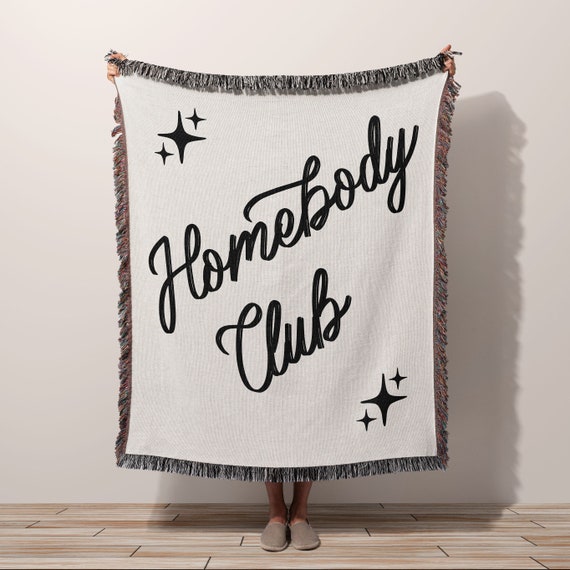 Woven Throw Blanket Homebody Club | Retro Aesthetic Funny Quote Gift | Minimalist Living Room Couch Blanket | Trendy Bedroom Vibe