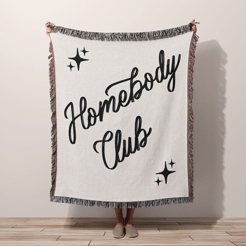 Woven Throw Blanket Homebody Club | Retro Aesthetic Funny Quote Gift | Minimalist Living Room Couch Blanket | Trendy Bedroom Vibe