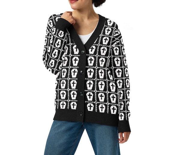 Gothic Coffin Knit Cardigan Sweater Black White Granny Square Button Up Sweater Fashion Goth Witchy Clothing Dark Academia