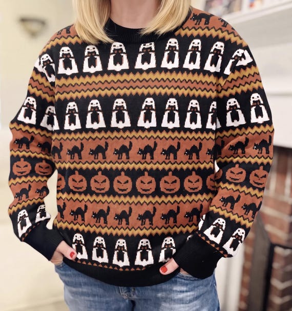 Halloween Crewneck Sweater, Cotton Blend Vintage Ghost Black Cat Pumpkin Fair Isle Knit, Unisex Fall Fashion